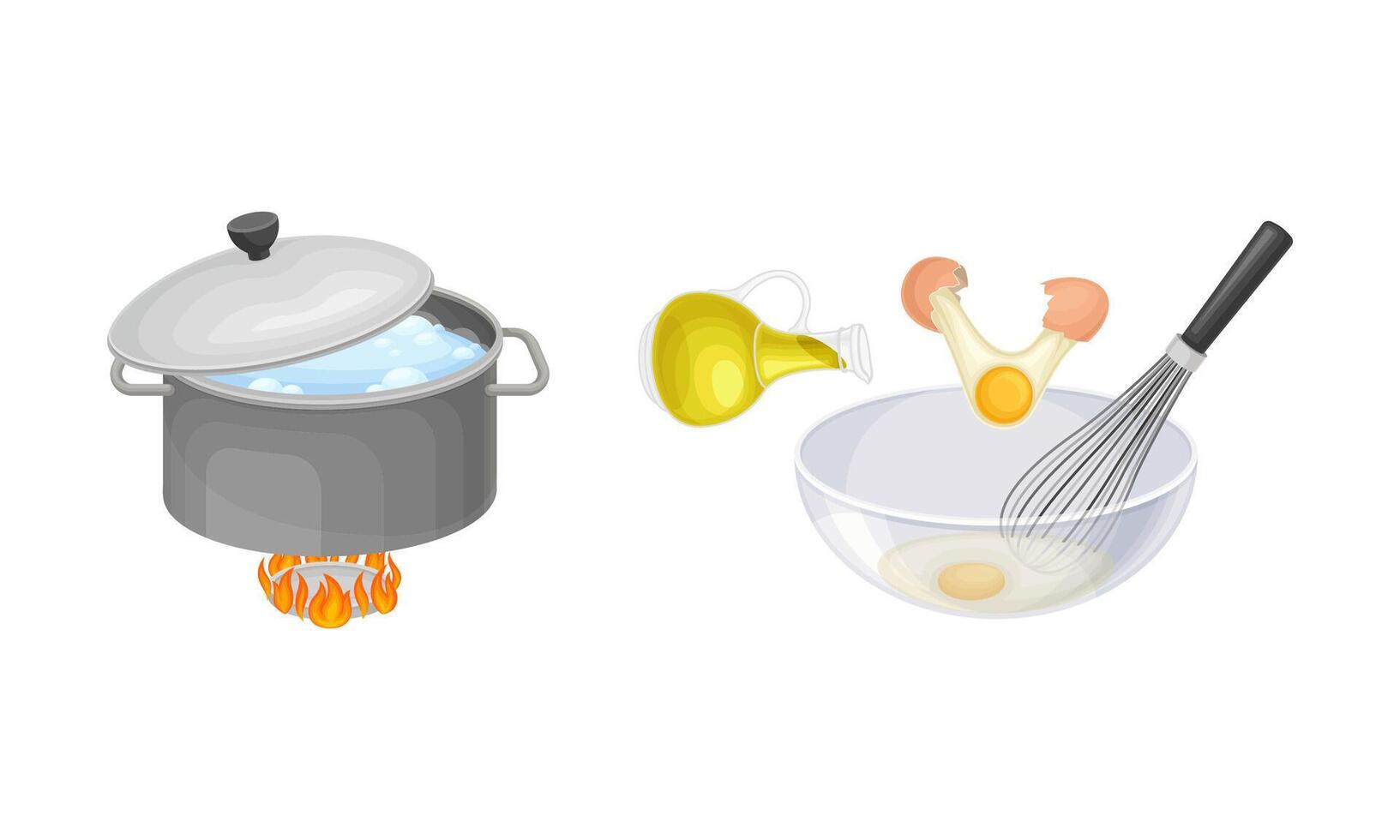 Pasta cooking process set. Boiling pasta in pan and whisking eggs in bowl illustration vector