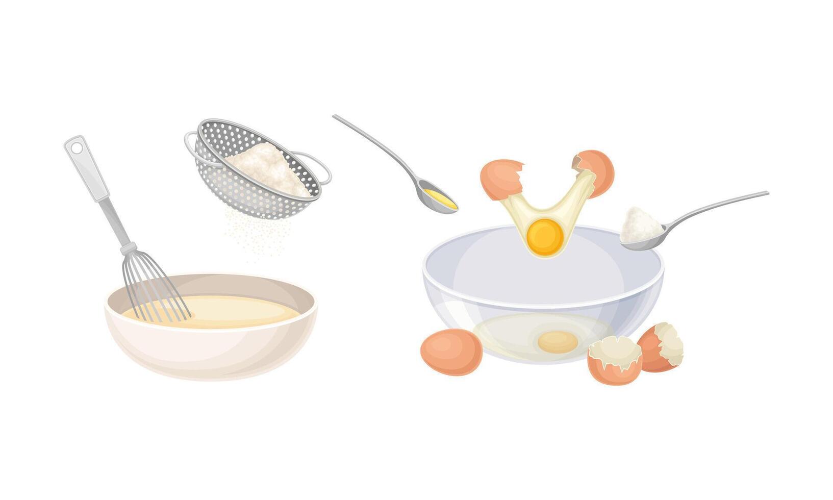 Pancakes cooking process set. Mixing ingredients and dough preparing illustration vector