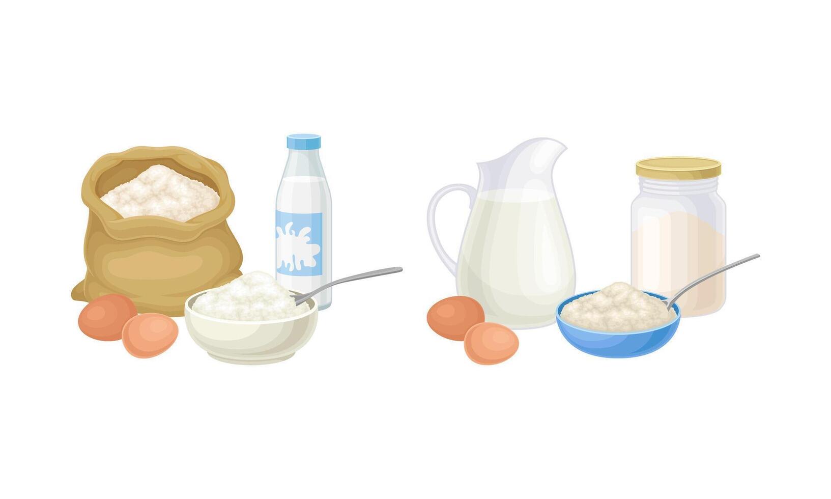 Pancakes cooking process set. Mixing dough step illustration vector