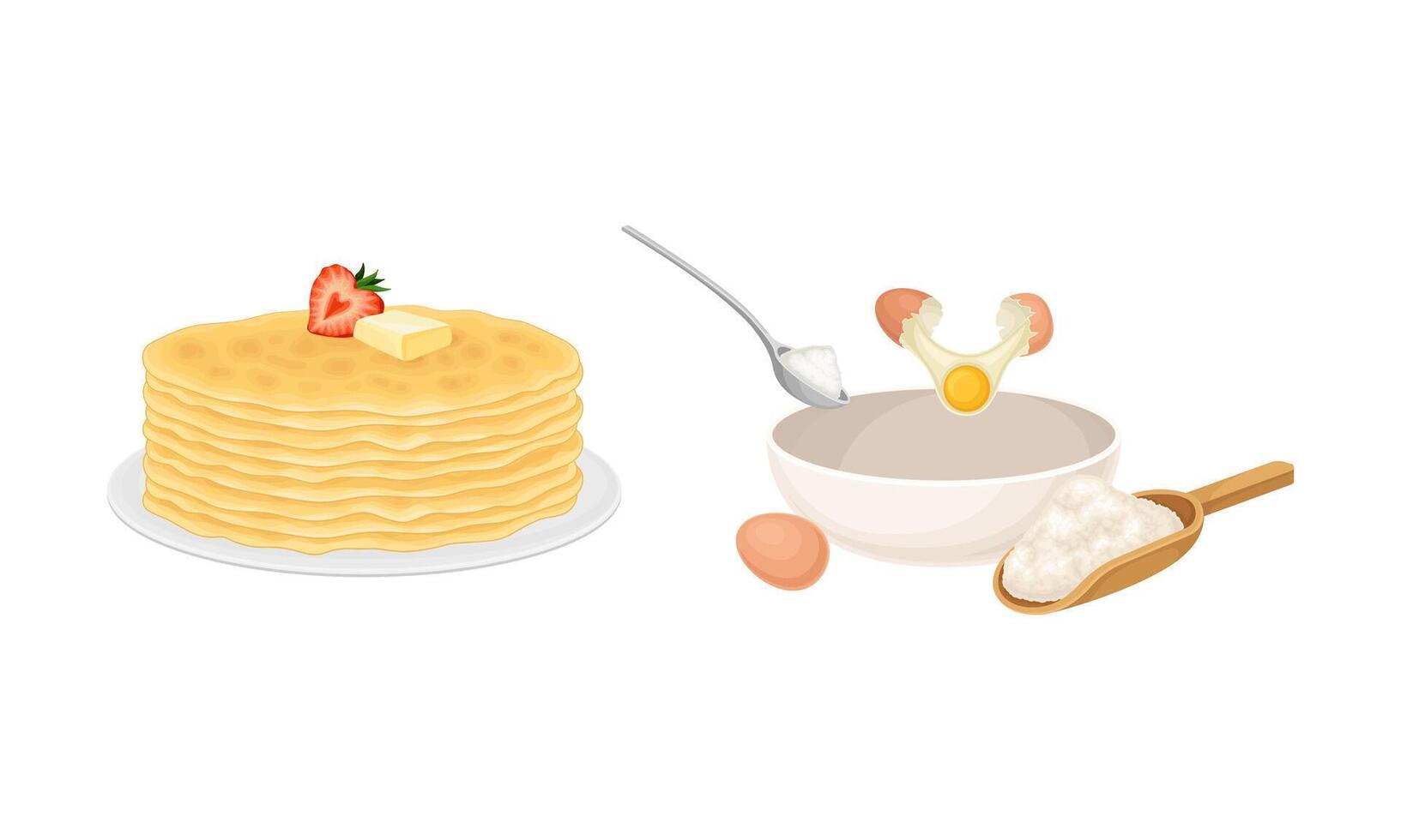Pancakes cooking process set. Dough preparing and stack of freshly prepared pancakes illustration vector