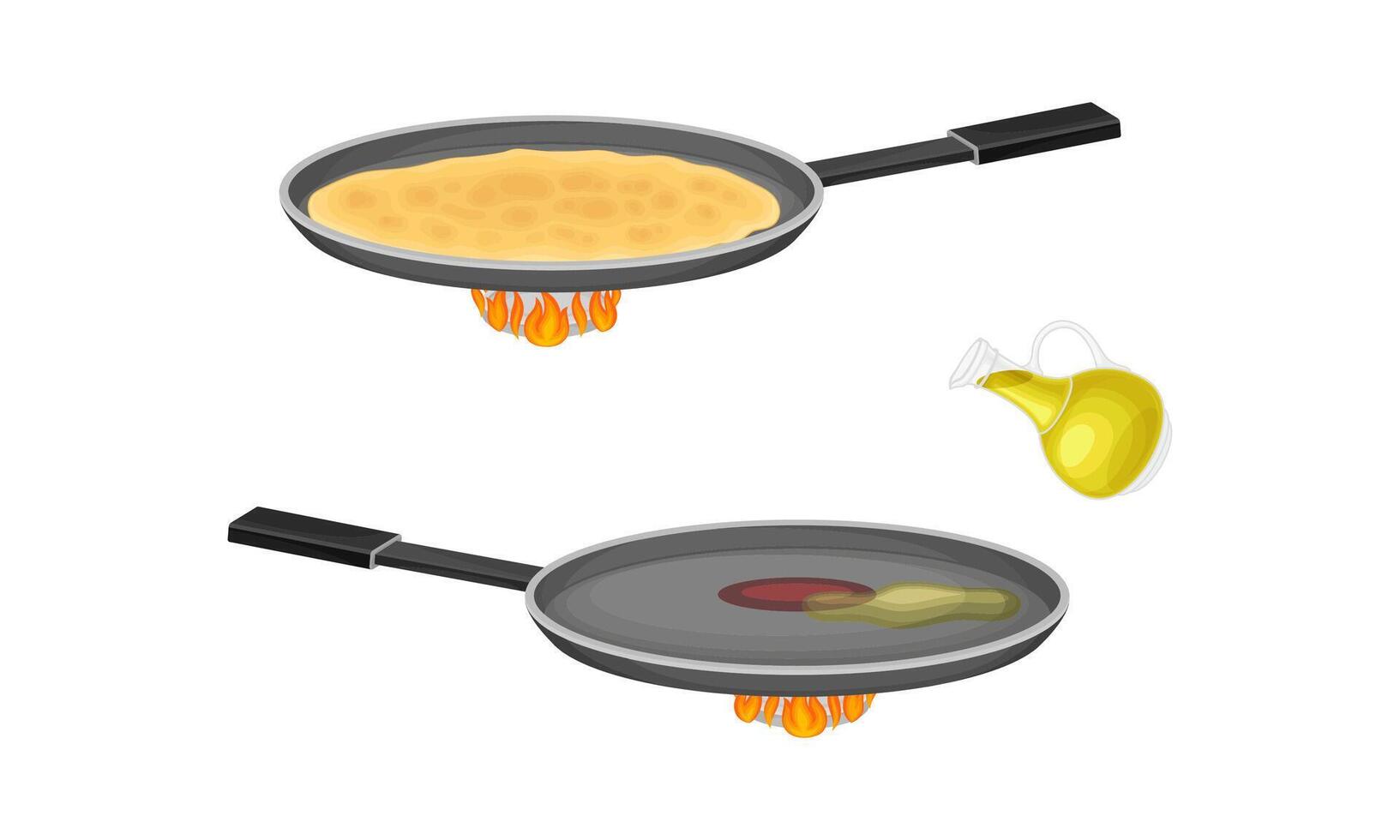 Pancakes cooking process set. Pancake cooking in frying pan on burner illustration vector