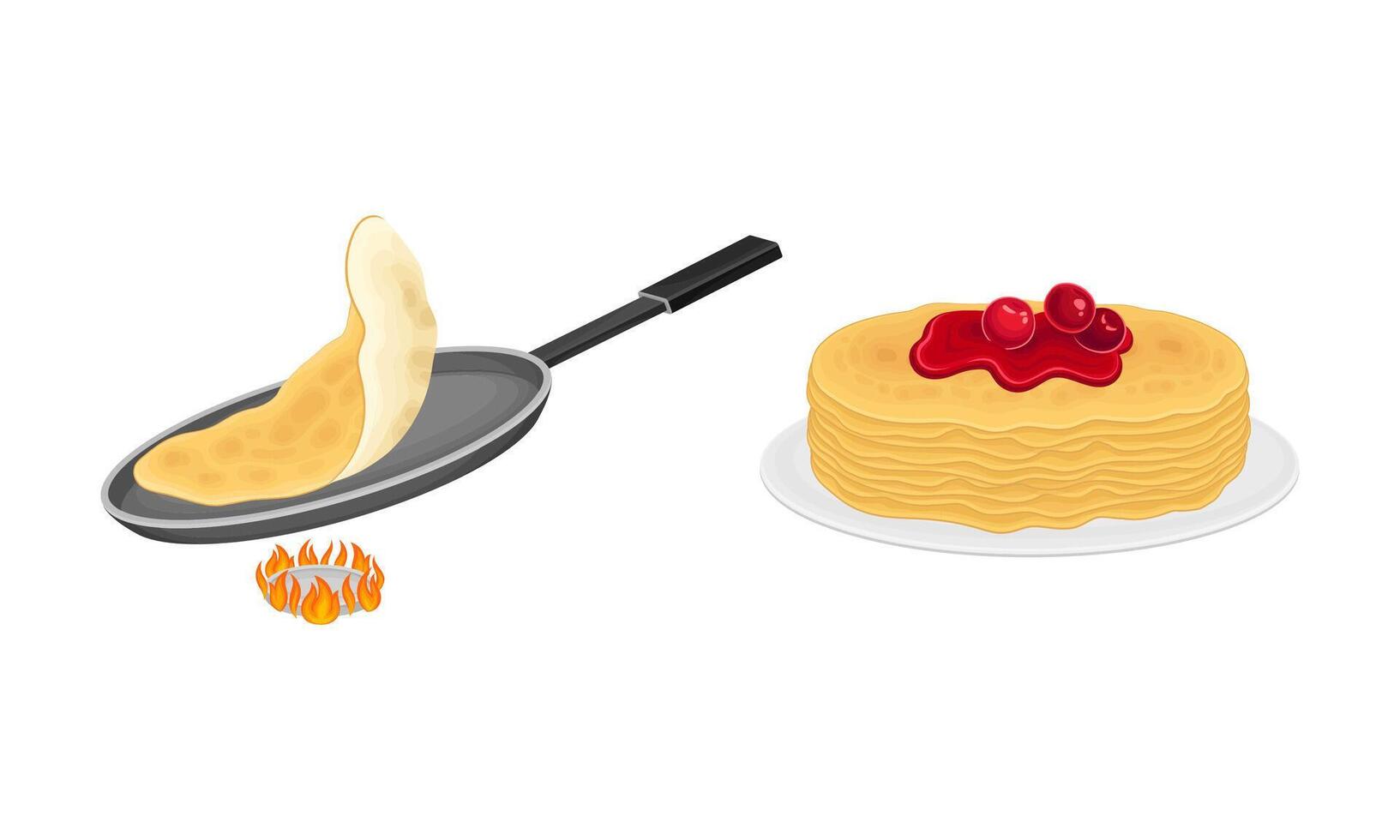 Pancakes cooking process set. Stack of freshly prepared pancakes and frying pan on burner illustration vector