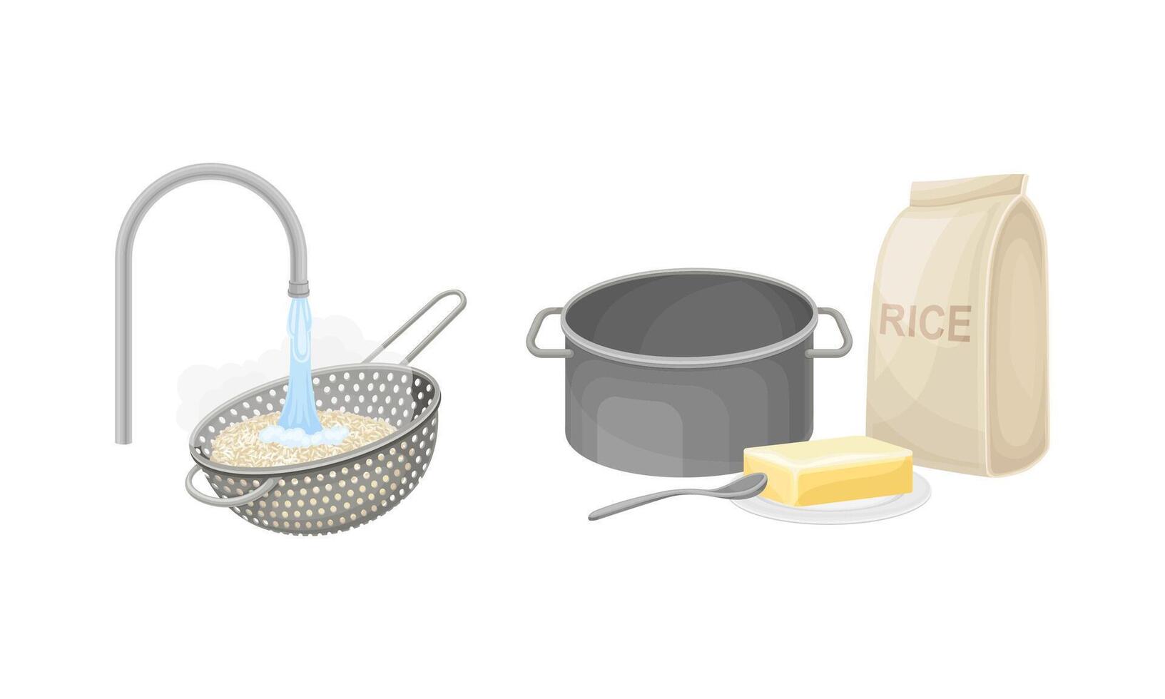 Rice cooking process set. Rinsing rice with running water and cooking ingredients illustration vector