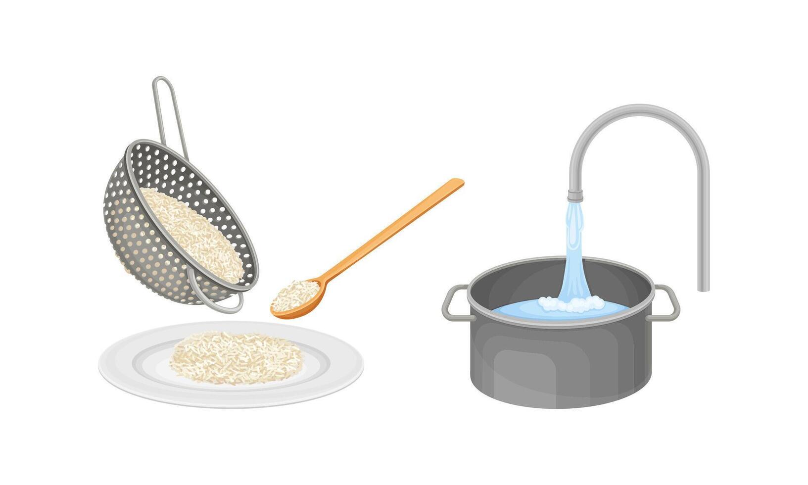 Rice cooking process set. Rinsing rice with running water illustration vector