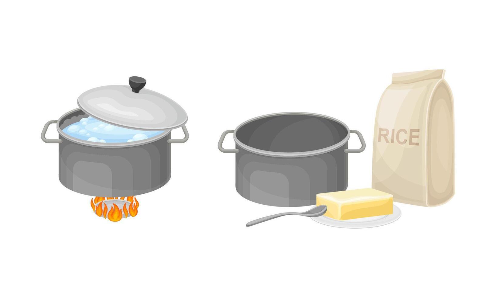 Rice cooking process set. Boiling porridge and cooking ingredients illustration vector