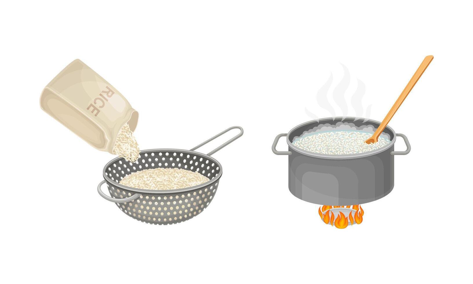 Rice cooking process set. Rinsing and boiling rice illustration on white background vector