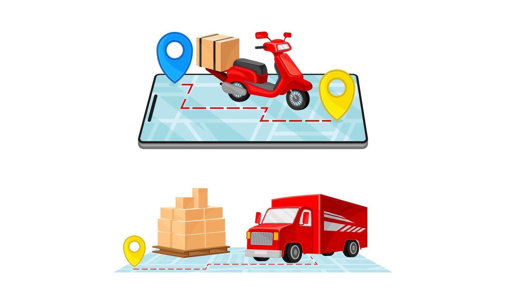 Delivery service set. Truck and scooter delivering parcel box. Online order tracking technology and logistics concept illustration vector