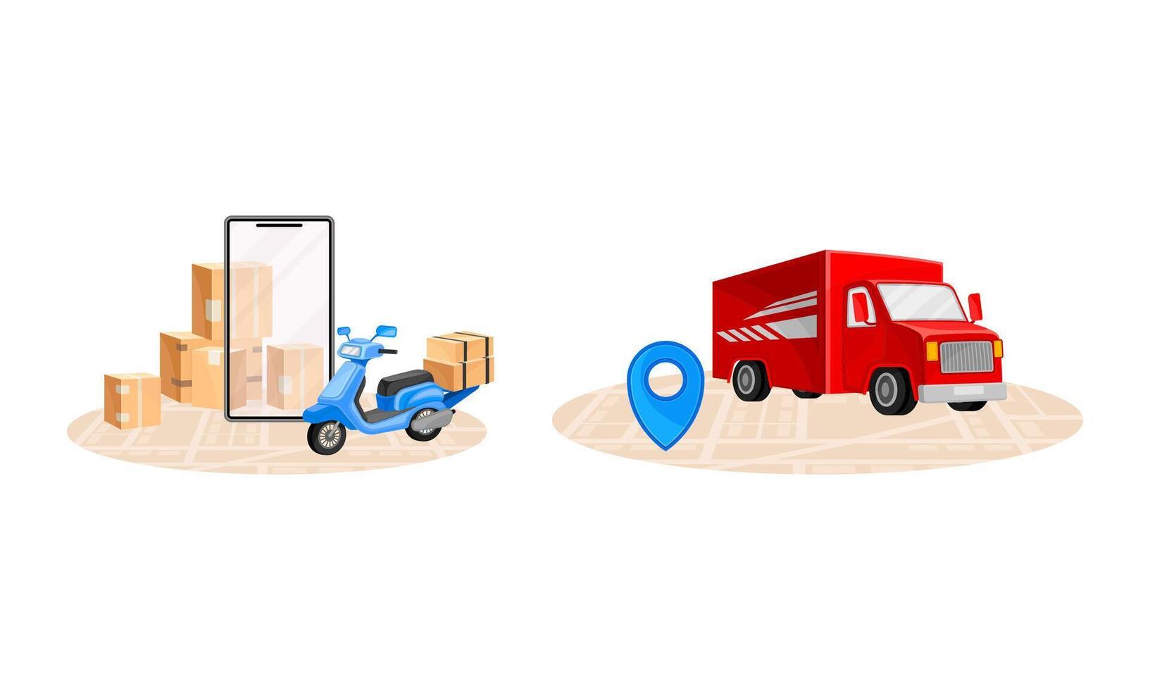 Online delivery service set. Red truck and scooter delivering parcel boxes. Order tracking technology and logistics concept illustration vector