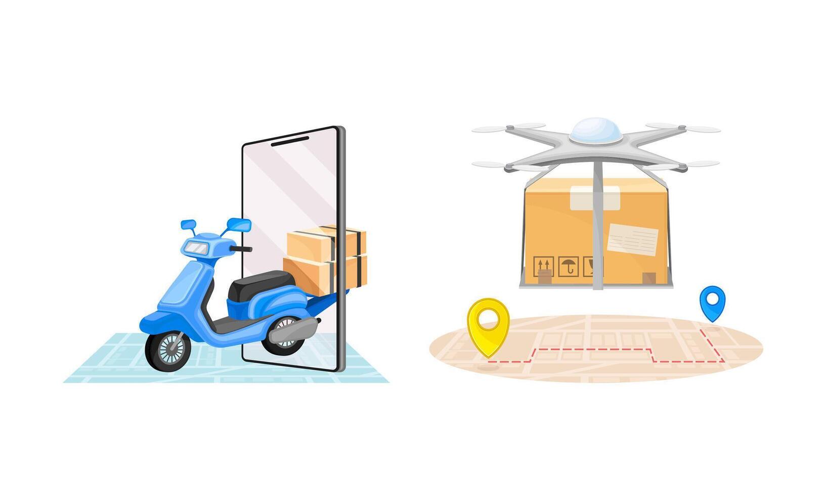 Online delivery service set. Scooter delivering parcel box. Order tracking technology and logistics concept illustration vector