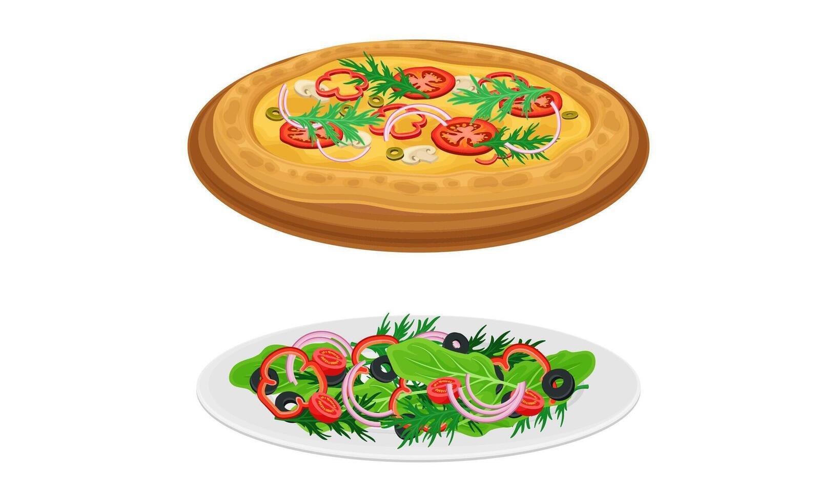 Italian traditional food set. Pizza and salad, tasty dishes on plates illustration vector