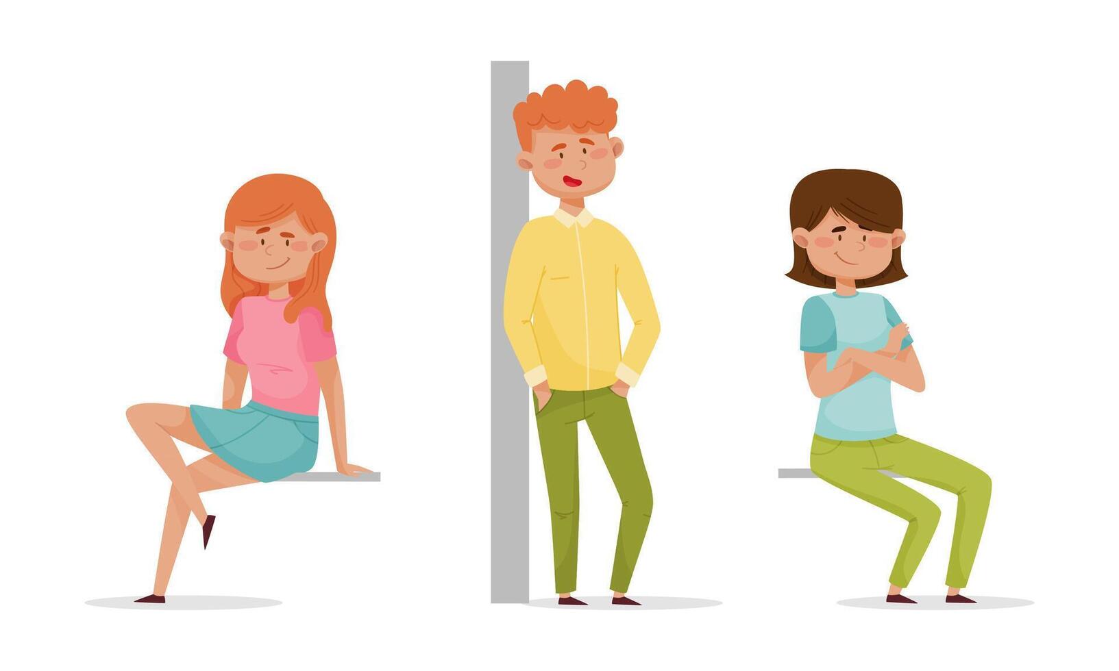 People sitting and standing leaned against the wall set. Cheerful relaxed girls and boys characters cartoon illustration vector