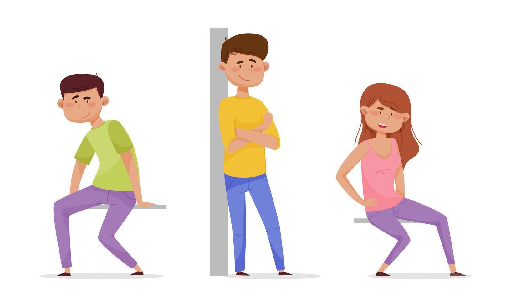 People sitting and standing leaned against the wall set. Cheerful girl and boys characters cartoon illustration vector