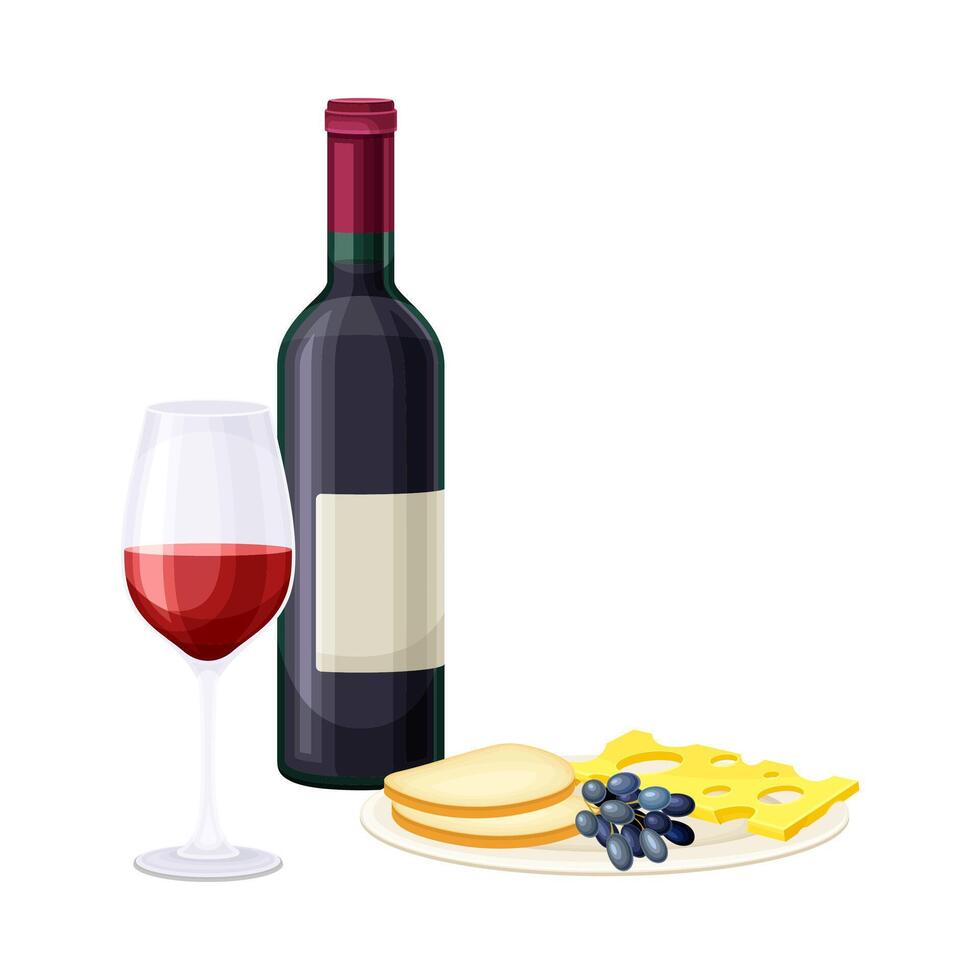 Wine Bottle and Glass with Alcoholic Drink Served with Cheese and Grapes on Plate Illustration vector