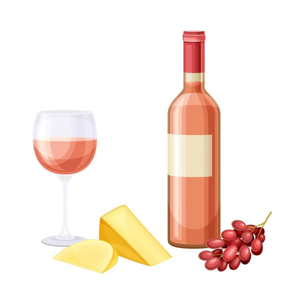 Rose Wine in Bottle and Glass with Cheese and Grapes Illustration vector