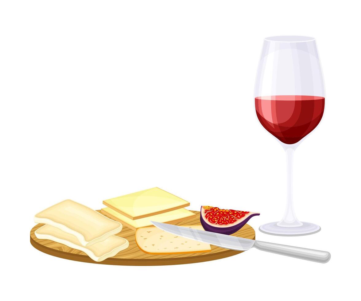 Wine Glass with Alcoholic Drink Served with Cheese and Fig on Wooden Board Illustration vector