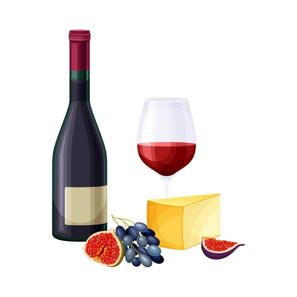 Wine Bottle and Glass with Alcoholic Drink with Cheese and Grapes Rested Nearby Illustration vector