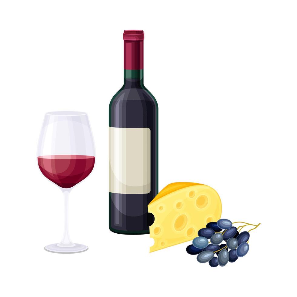 Wine Bottle and Glass with Alcoholic Drink Served with Cheese and Grapes Illustration vector