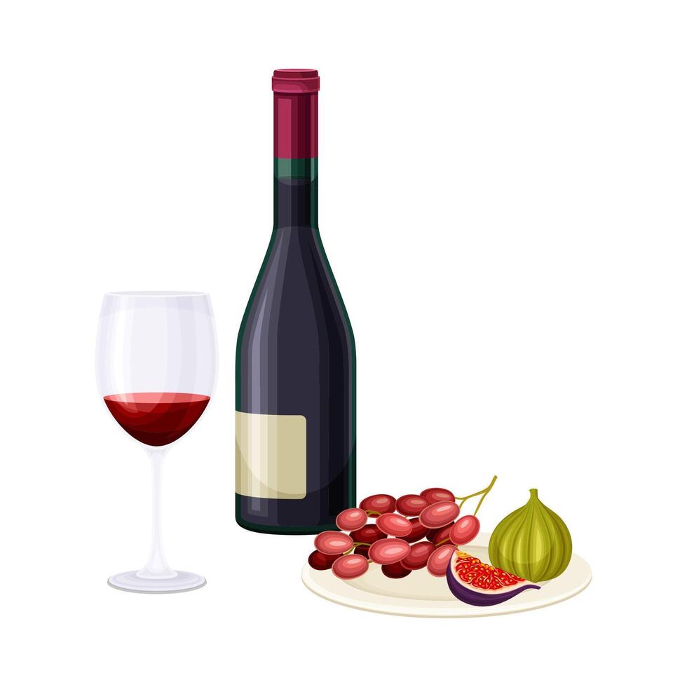 Wine Bottle and Glass with Alcoholic Drink Served with Fig and Grapes on Plate Illustration vector