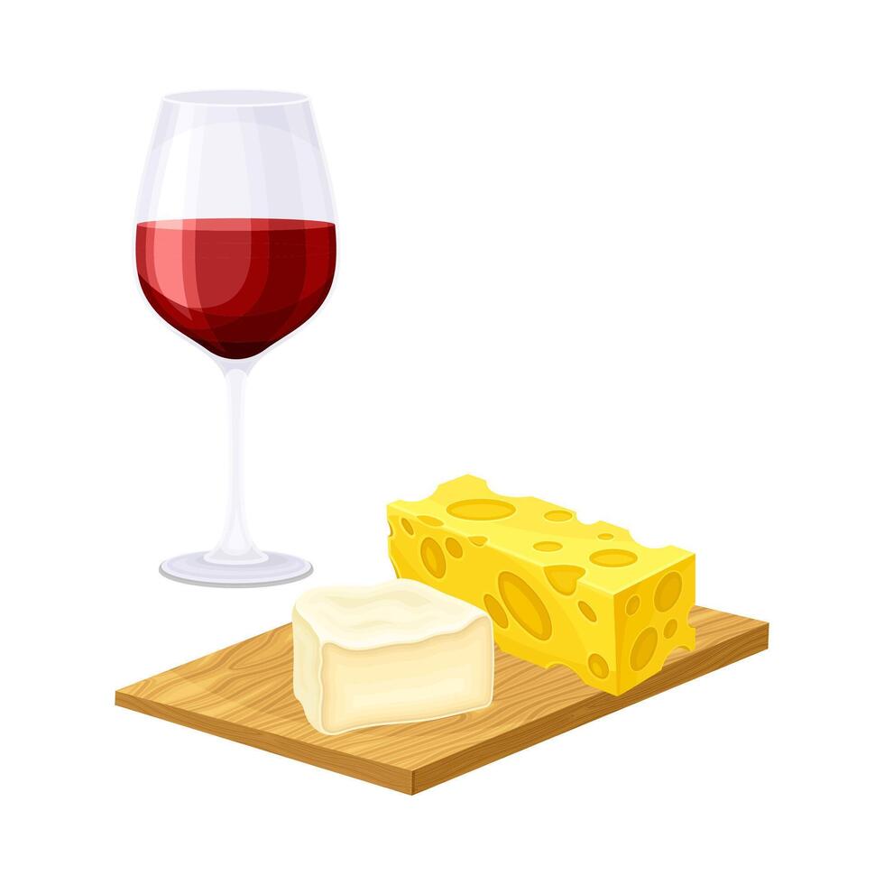 Wine Glass with Alcoholic Drink Served with Cheese on Wooden Board Illustration vector