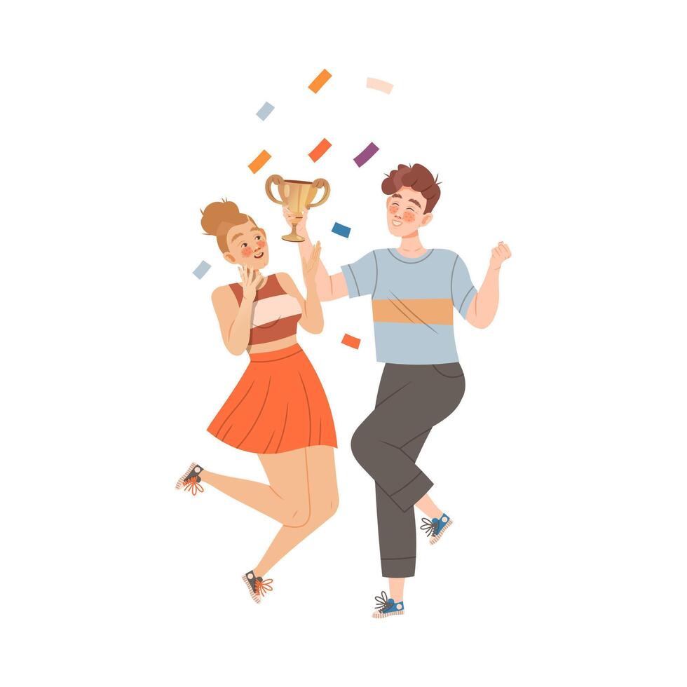 Excited Man and Woman Winner Holding Cup Award and Jumping with Joy Illustration vector