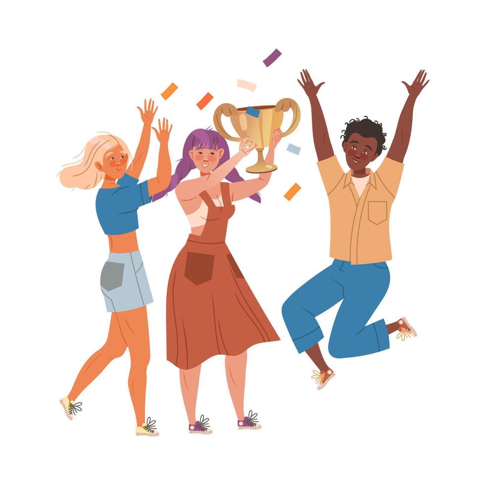 Group of Excited Man and Woman Winner Holding Cup Award and Jumping with Joy Illustration vector