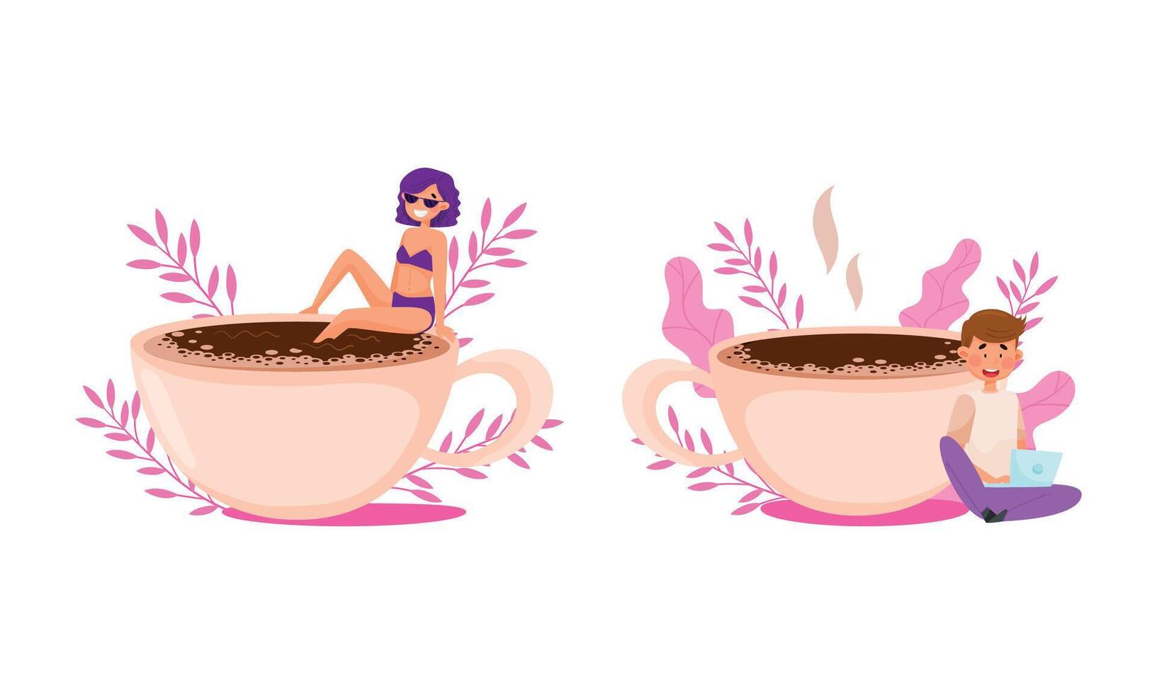 Beautiful girl in swimsuit sitting on edge of coffee cup. Tiny man sitting against huge cup cartoon. Coffee lovers concept illustration vector