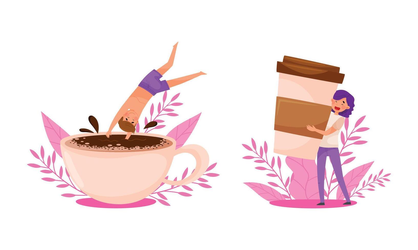 Boy jumping into a big cup of coffee. Girl hugging huge disposal paper mug. Coffee lovers concept cartoon illustration vector