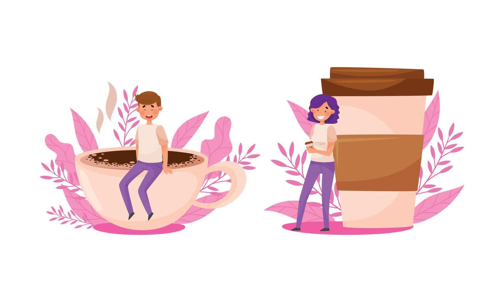 Boy sitting on edge of coffee cup. Girl leaned against disposal paper mug. Coffee lovers concept cartoon illustration vector