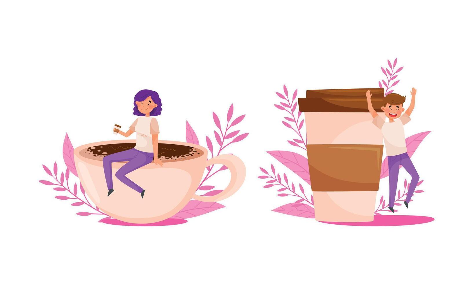 Coffee lovers concept. Cheerful tiny people drinking aroma drink cartoon illustration vector