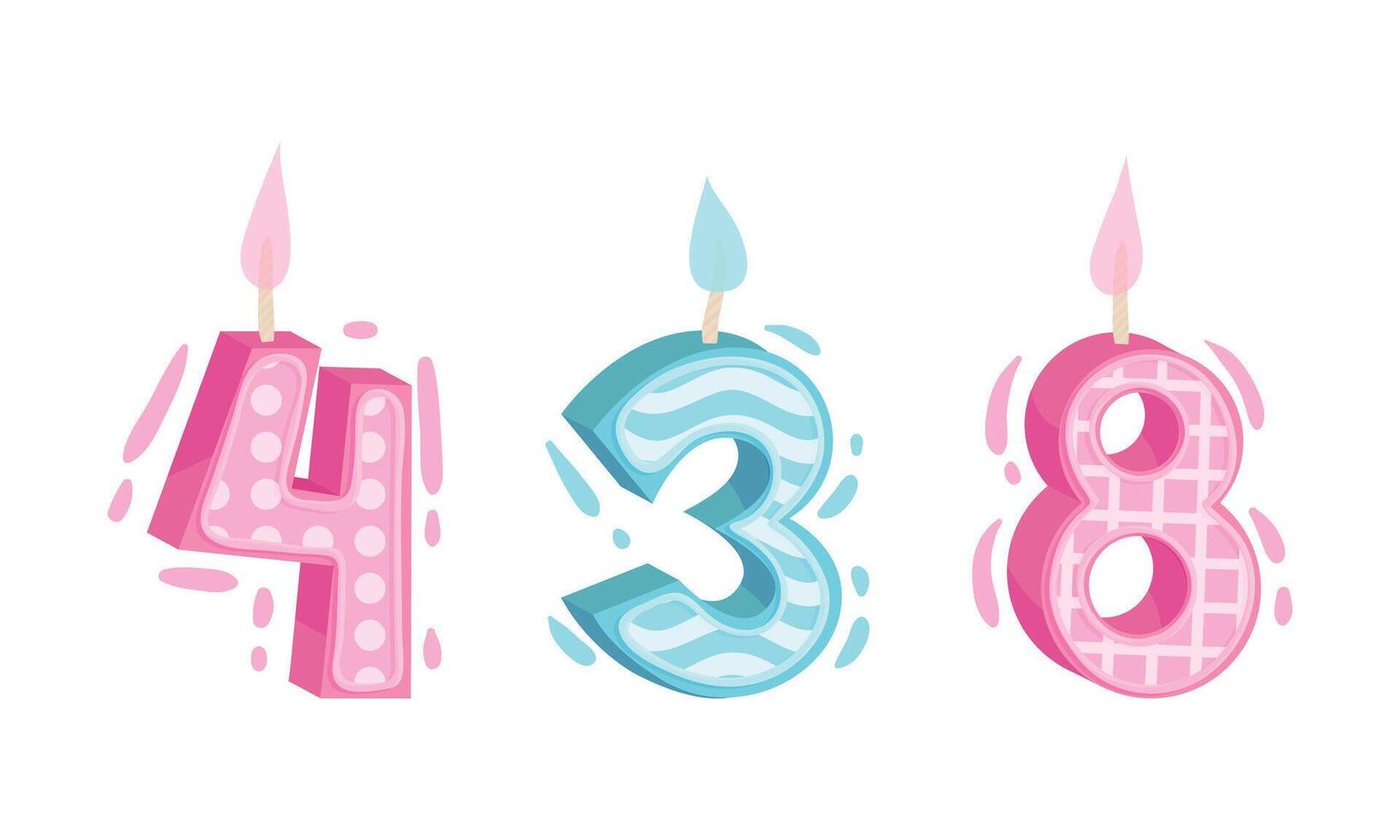 Three, four, eight birthday candles set. Anniversary party candle cartoon illustration vector
