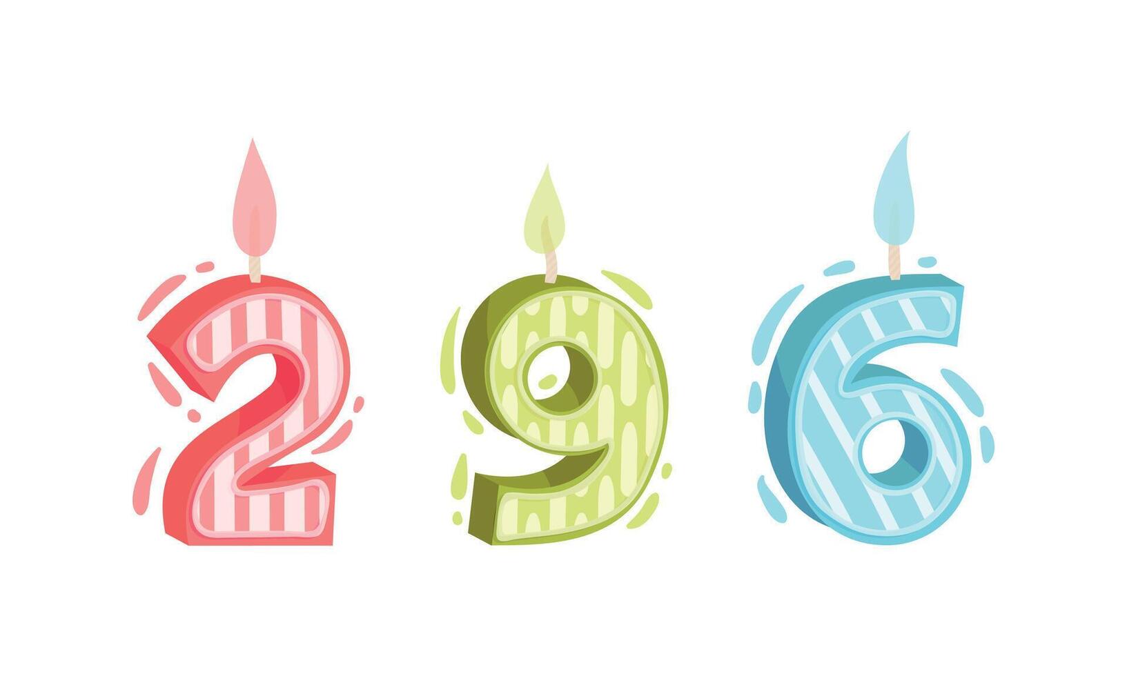 Two, nine, six birthday candles set. Anniversary party candle cartoon illustration vector