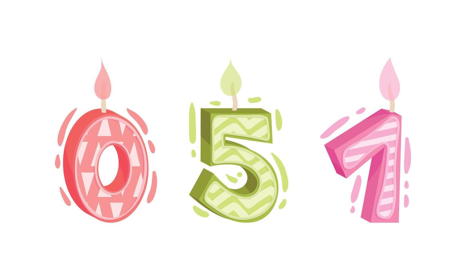Zero, five, one birthday candles set. Anniversary party candle cartoon illustration vector