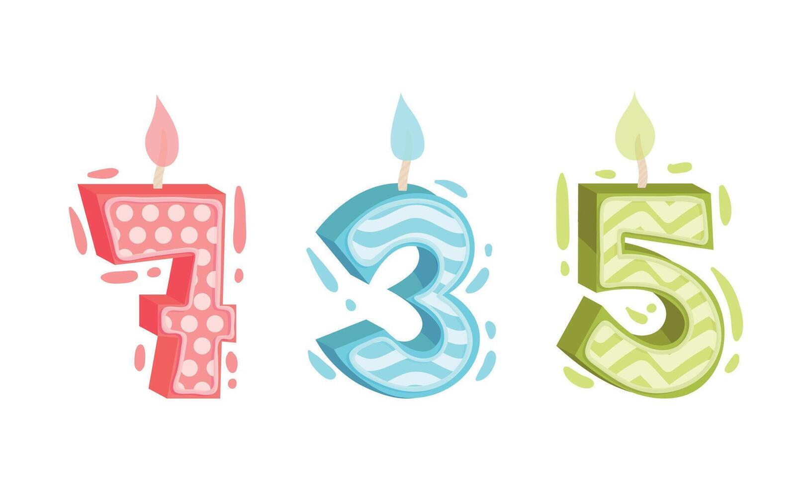 Seven, five, three birthday candles set. Anniversary party candle cartoon illustratio vector