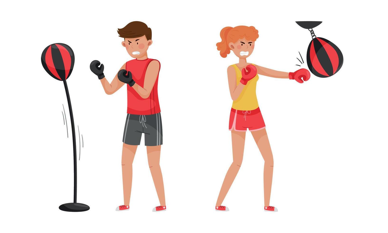 Ways to relax set. People boxing with punching bags. Daily activity or hobby cartoon illustration vector