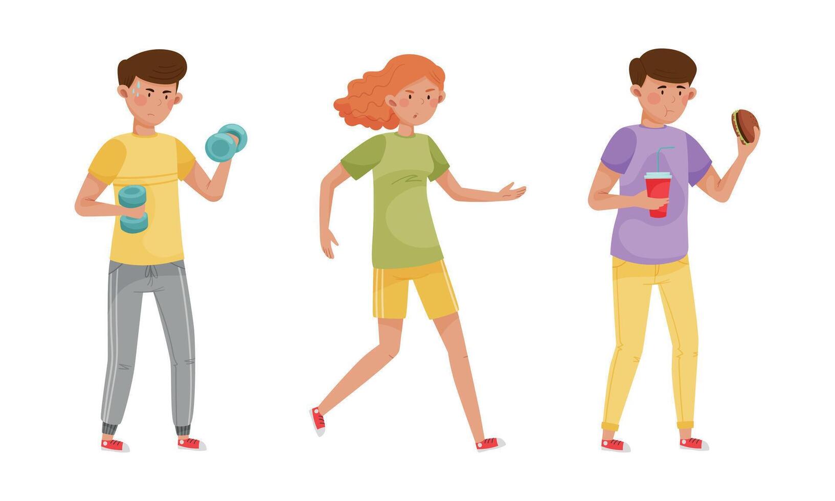 Ways to relax set. People doing sports and eating fast food. Daily activity or hobby cartoon illustration vector