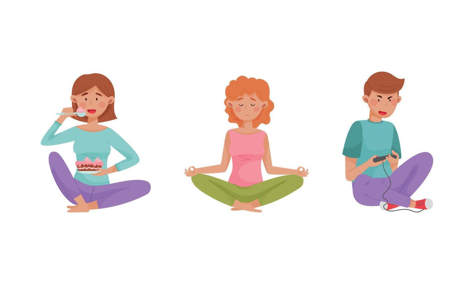 Ways to relax set. People taking eating sweets, doing yoga and play games. Daily activity or hobby cartoon illustration vector