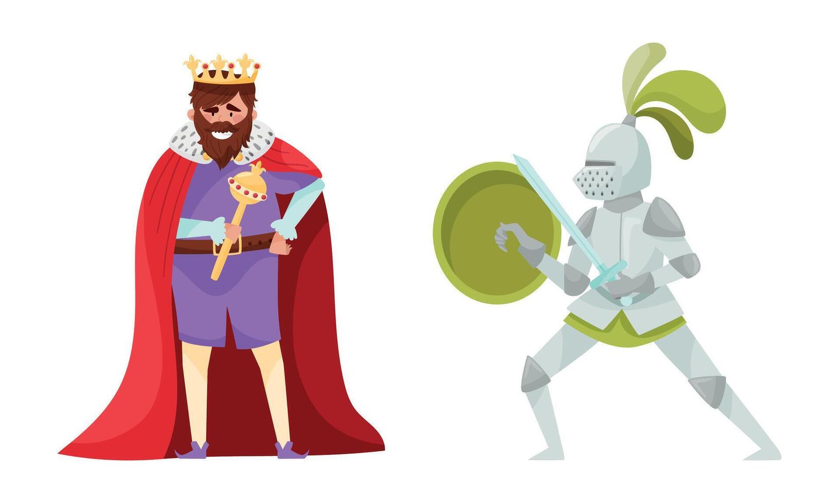 Medieval people set. King and knight European middle ages historical characters cartoon illustration vector