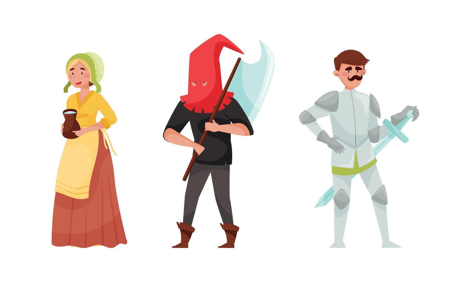 Medieval people set. Peasant woman, executioner, knight European middle ages historical characters cartoon illustration vector