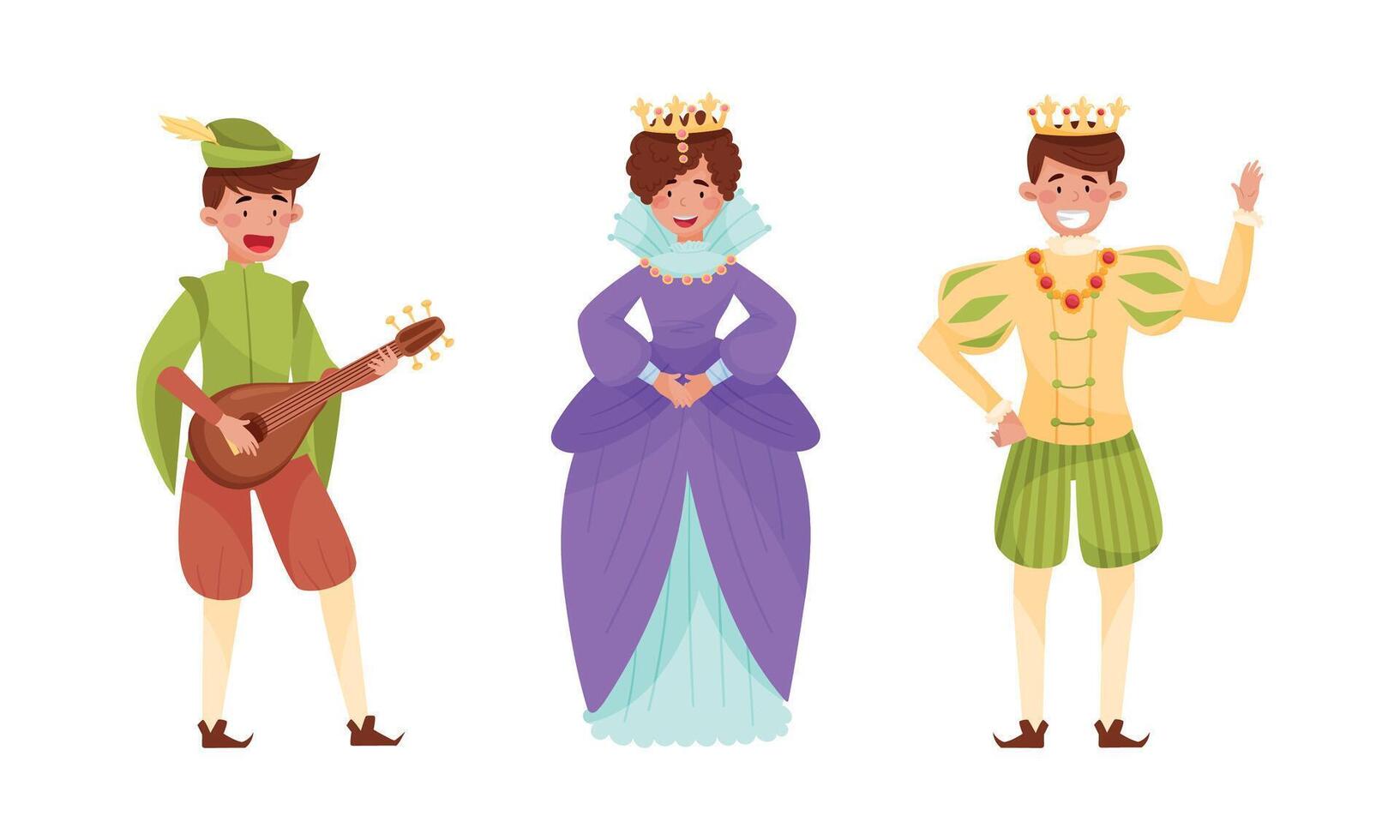 Medieval people set. Minstrel, queen and king European middle ages historical characters cartoon illustration vector