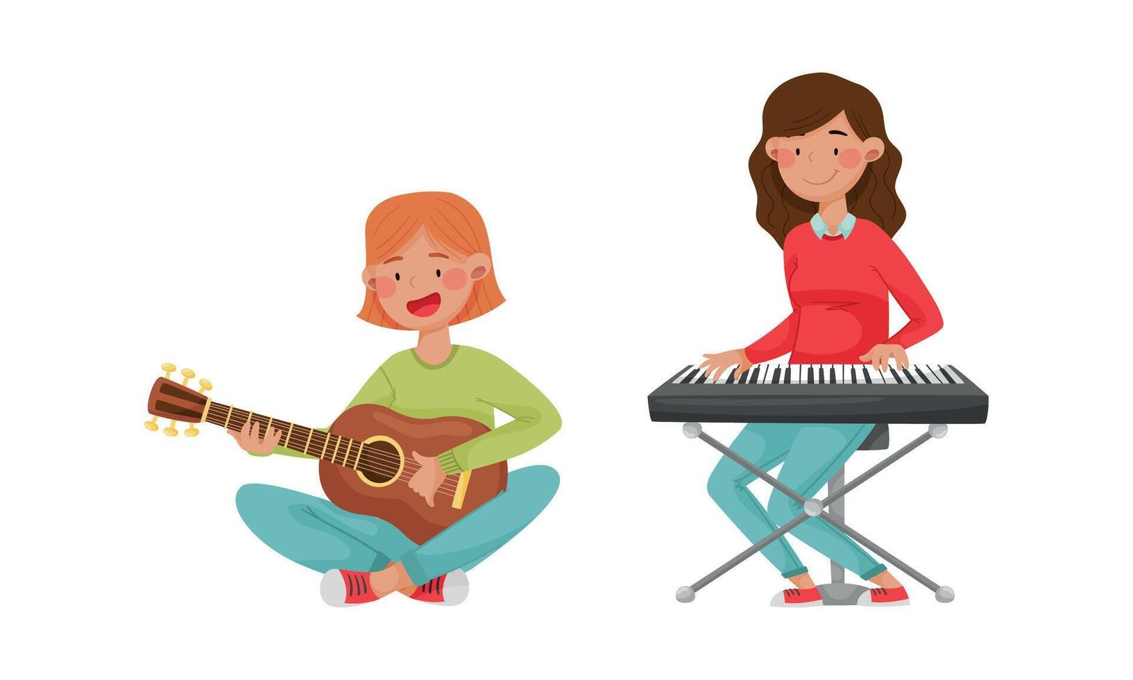 Girls playing musical instruments set. Children playing synthesizer and guitar cartoon illustration vector
