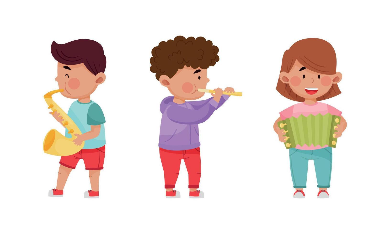 Children playing musical instruments set. Cirl and boys playing flute, saxophone, accordion cartoon illustration vector