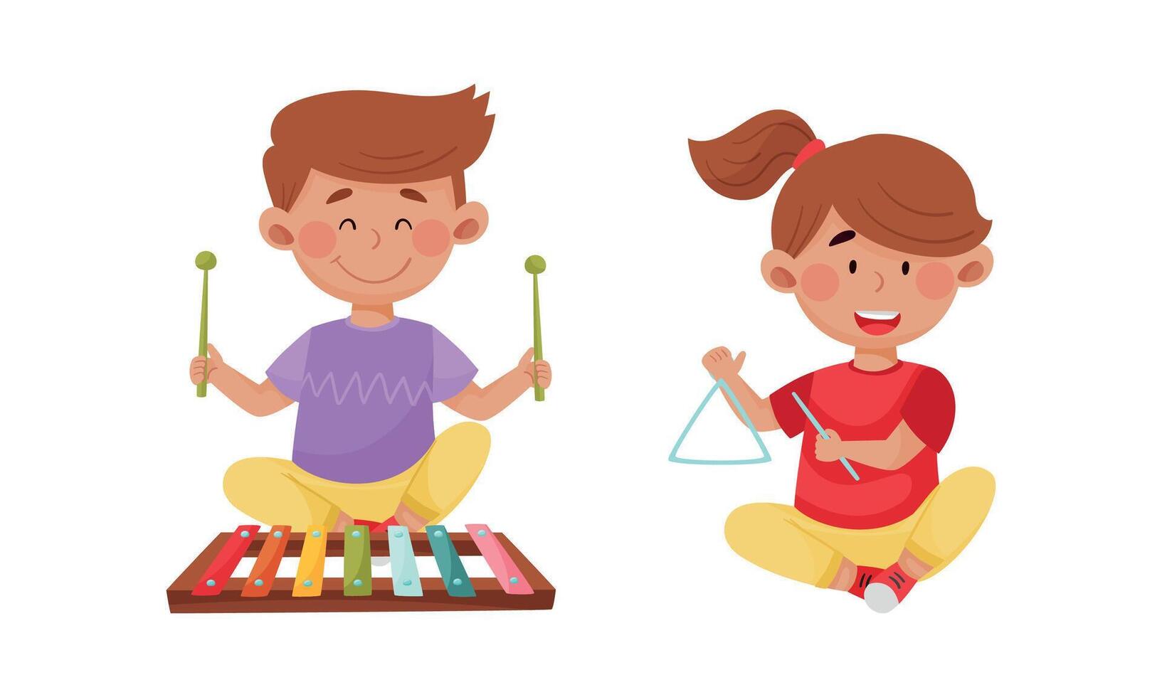 Children playing musical instruments set. Cirl and boy playing xylophone and triangle cartoon illustration vector
