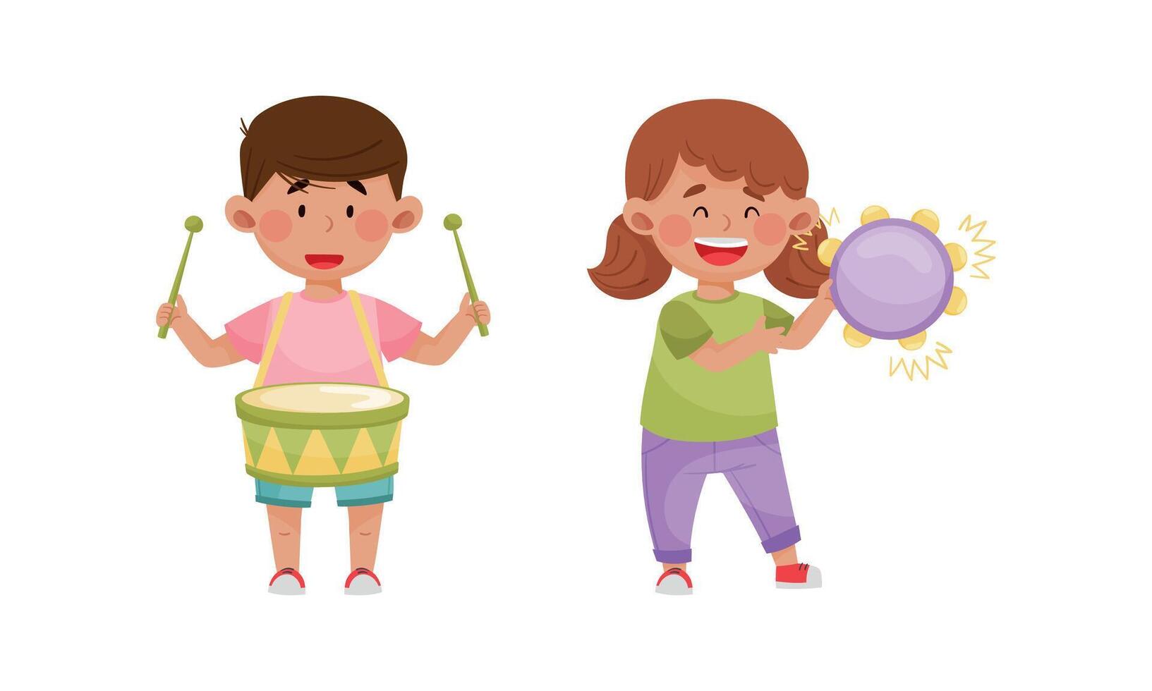 Children playing musical instruments set. Cirl and boy playing tambourine and drum cartoon illustratio vector
