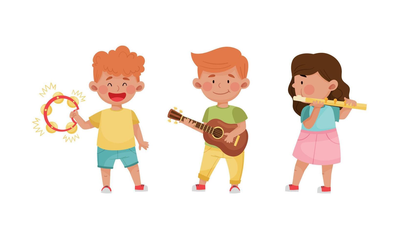 Children playing musical instruments set. Cirl and boys playing flute, tambourine and guitar cartoon illustration vector
