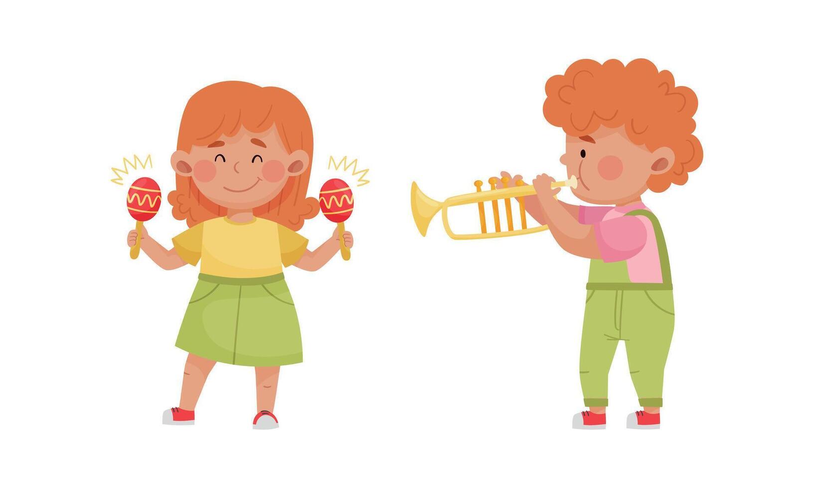 Children playing musical instruments set. Cirl and boy playing maracas and trumpet cartoon illustration vector