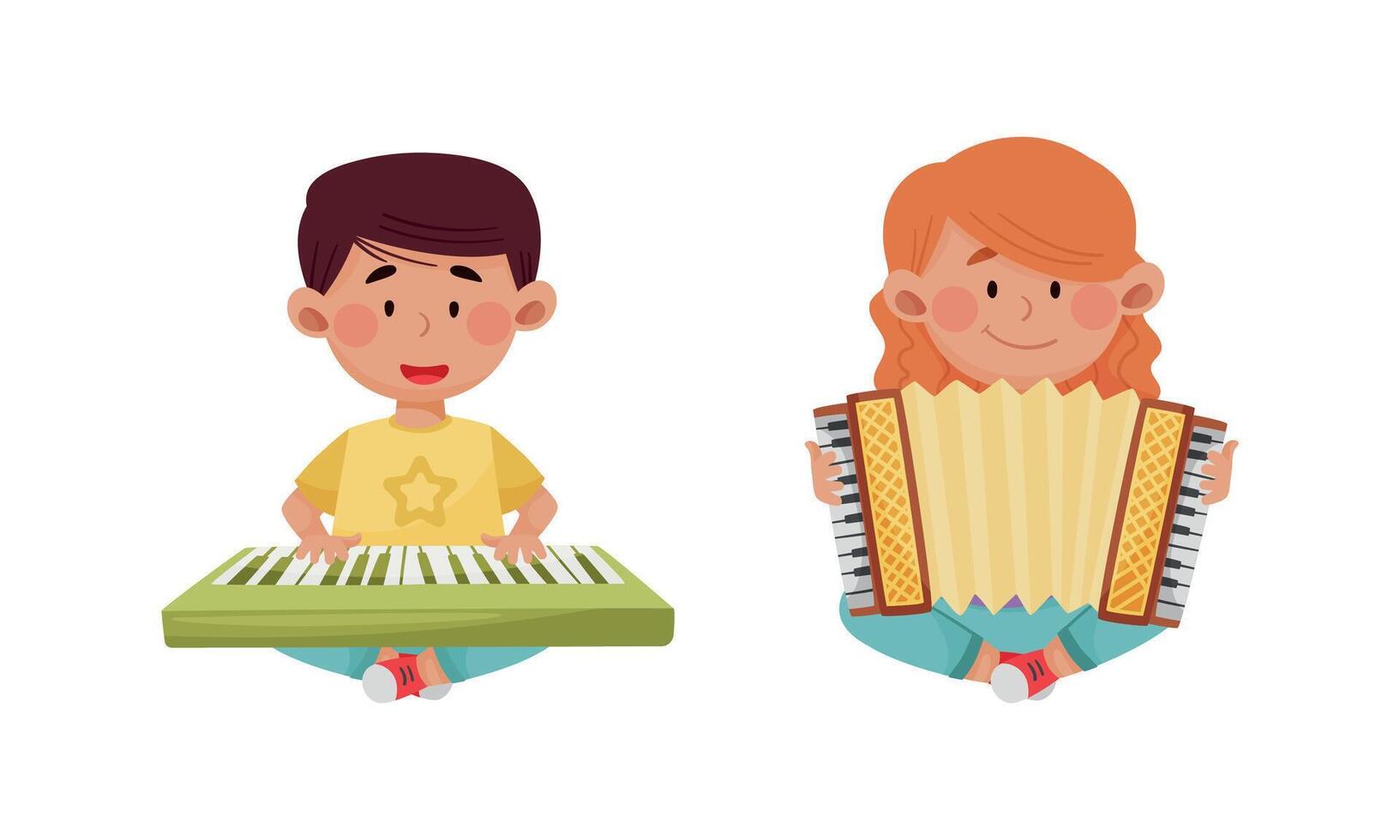 Children playing musical instruments set. Cirl and boy playing synthesizer and accordion cartoon illustration vector
