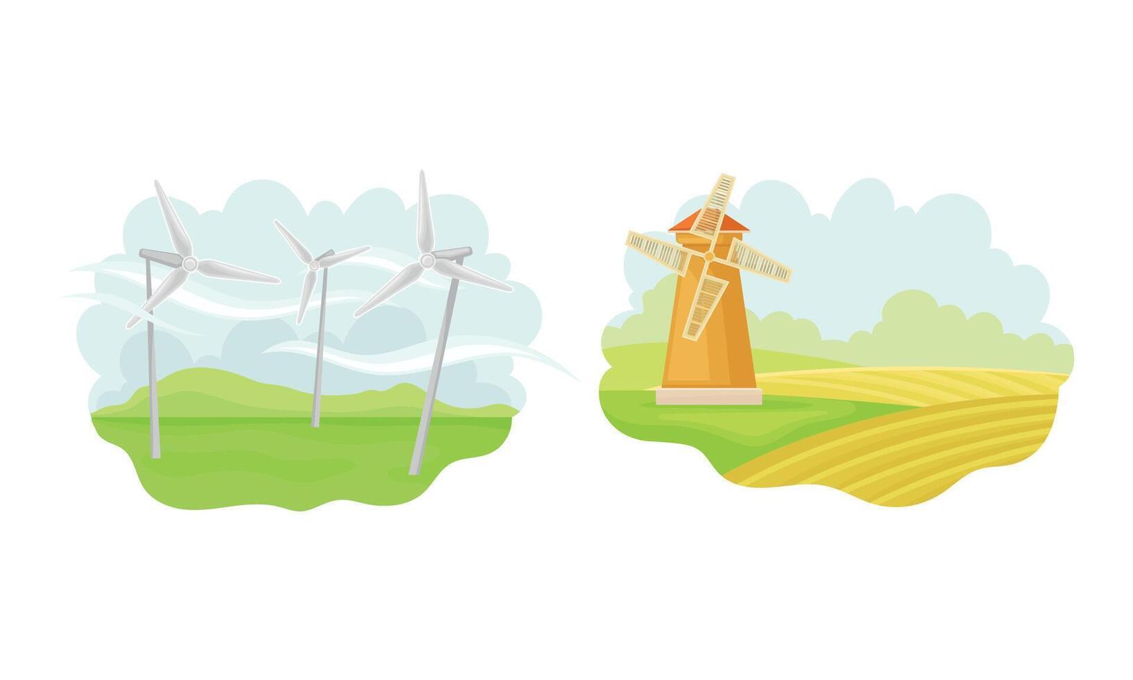 Old rural windmill. Alternative source of energy. Green renewable energy concept illustration vector