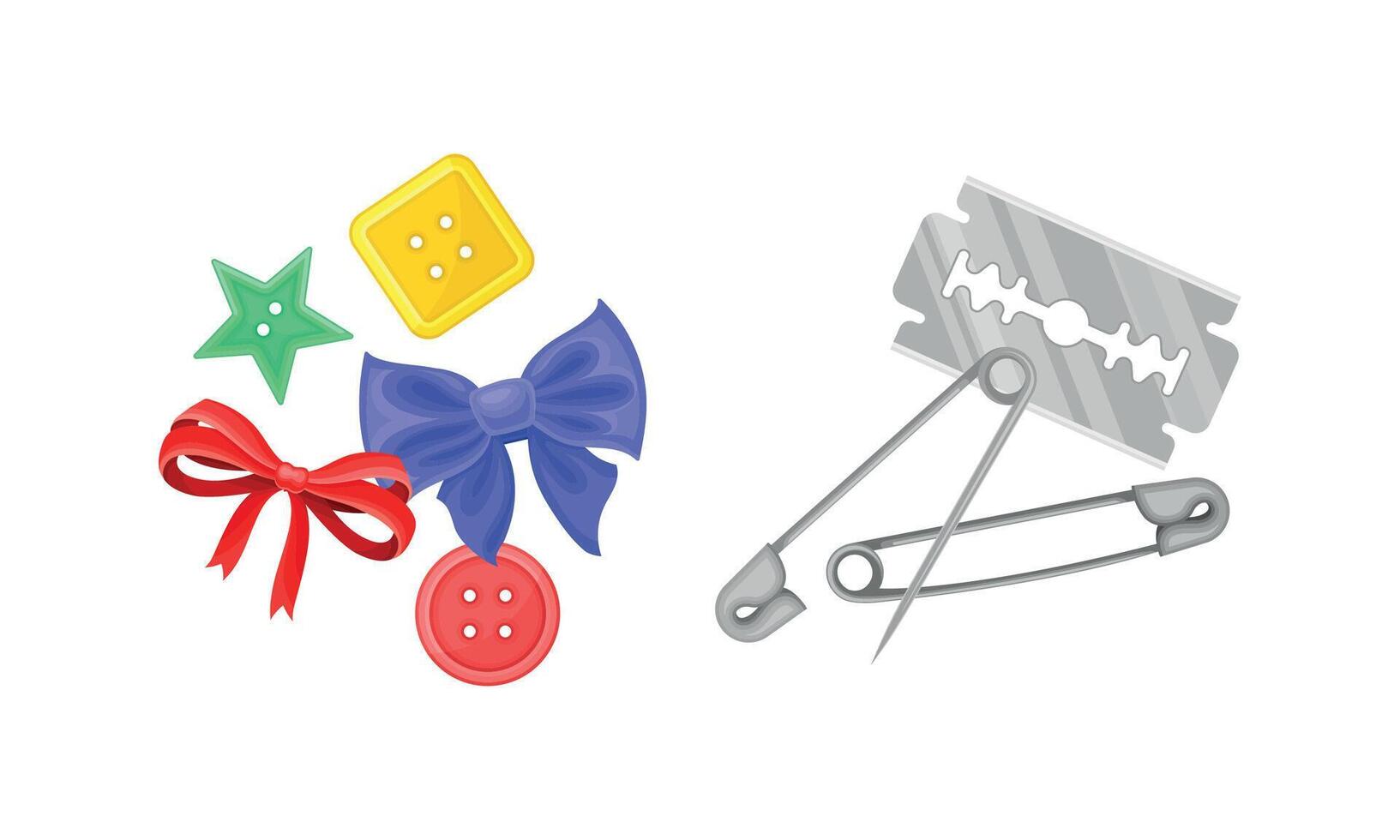 Sewing tools set. Silk bows, buttons, straight razor and pins tailoring supplies illustration vector