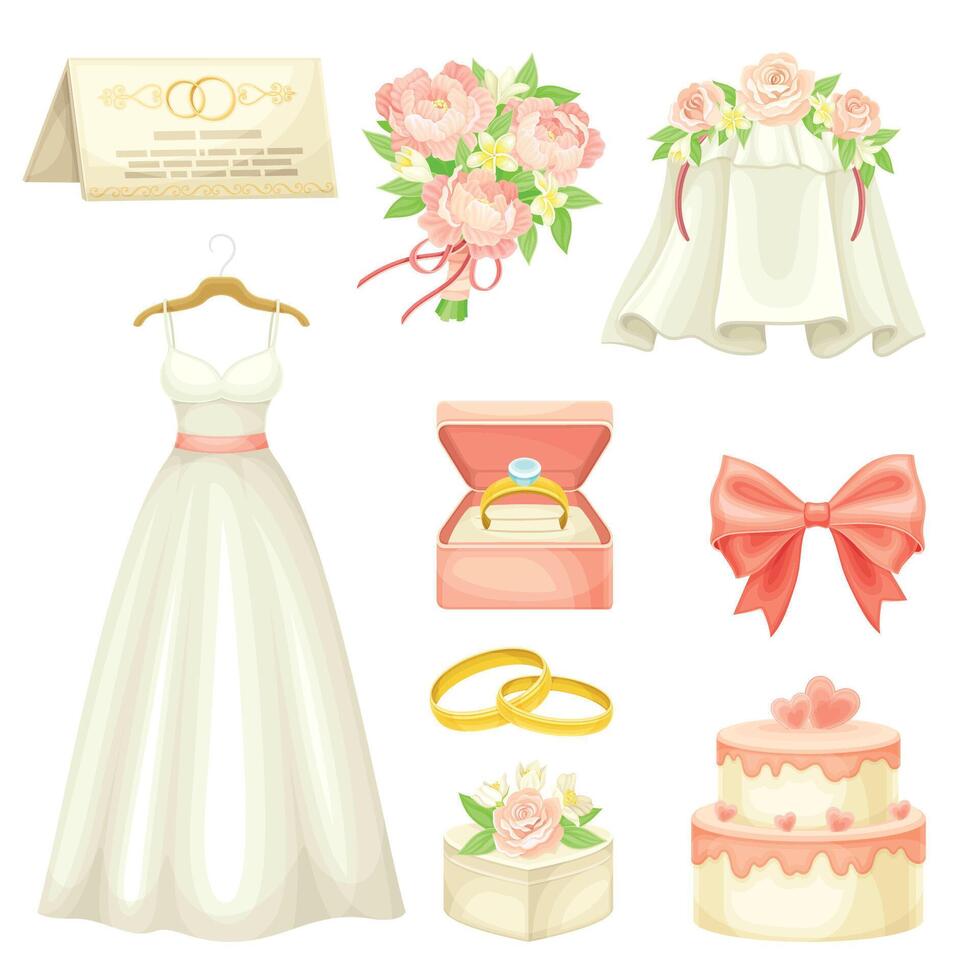 Wedding White Dress, Cake and Flower Bouquet Set vector