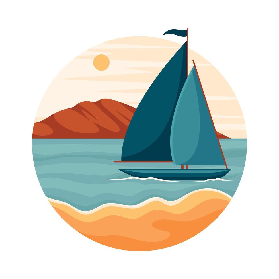 Tropical Landscape with Sailing Boat and Sandy Beach in Circle Closeup Illustration vector